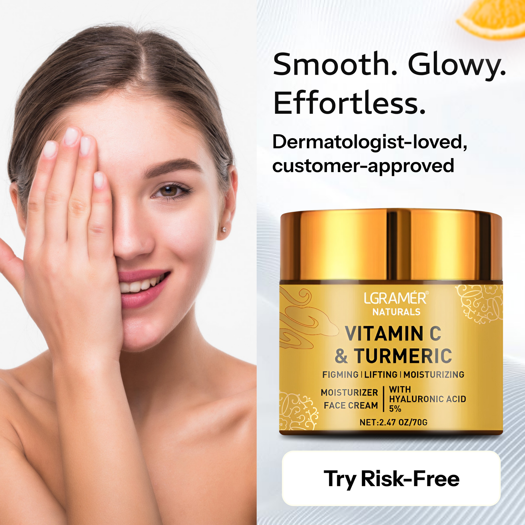 Seliste Beauty™ Golden C+ Face Cream in a golden jar with a woman showcasing glowing skin.