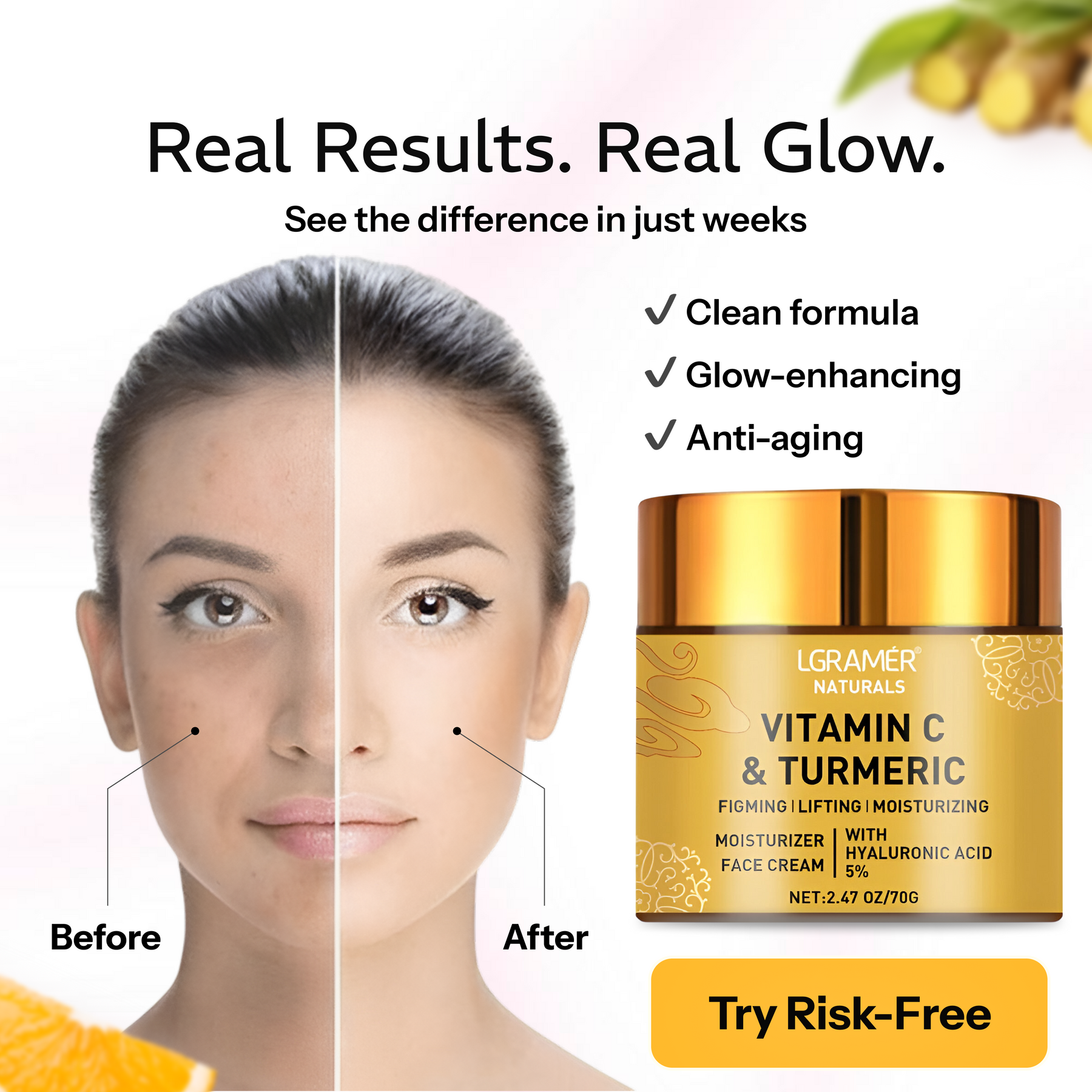 Seliste Beauty™ Golden C+ Face Cream with anti-aging and moisturizing benefits, showcasing glowing skin results.